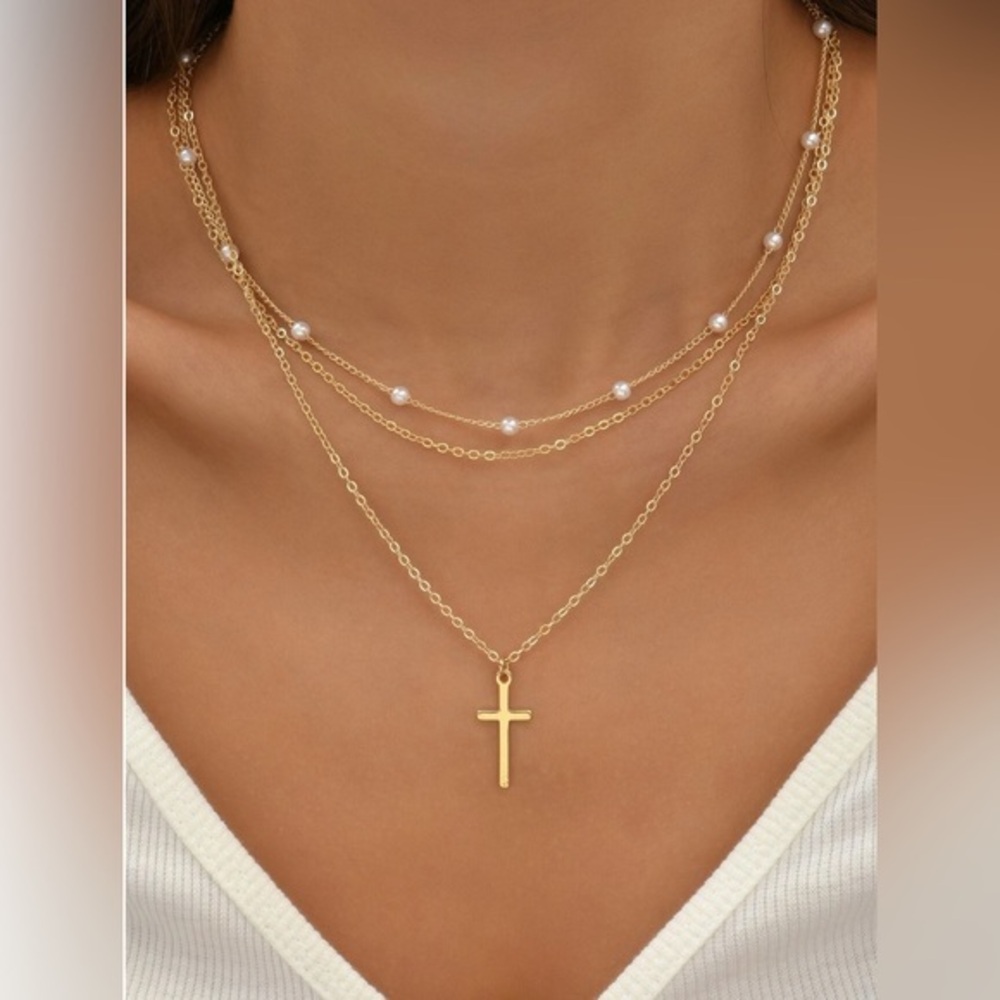 Faux Pearl & Cross Decor Layered Chain Necklace